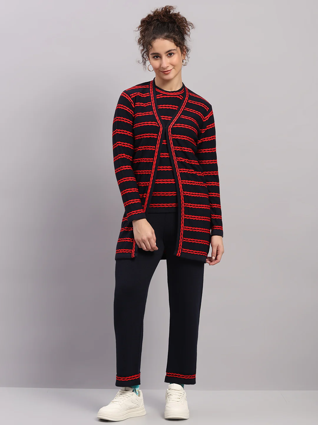 Women Navy Blue Self Design Round Neck Full Sleeve Cords Set - Image 4