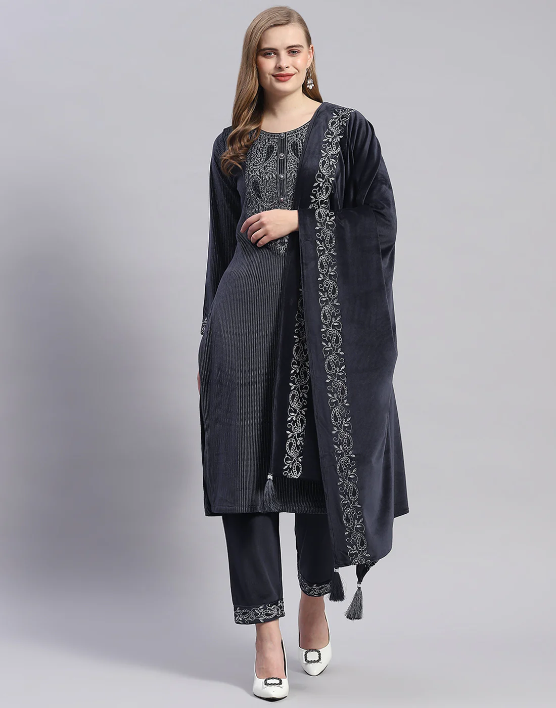 Women Navy Blue Self Design Round Neck Full Sleeve Kurti+Lower Set - Image 2