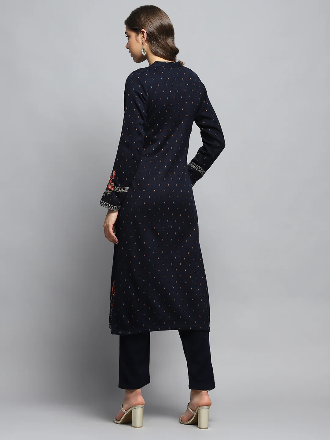 Women Navy Blue Self Design Round Neck Full Sleeve Kurti Set - Image 2