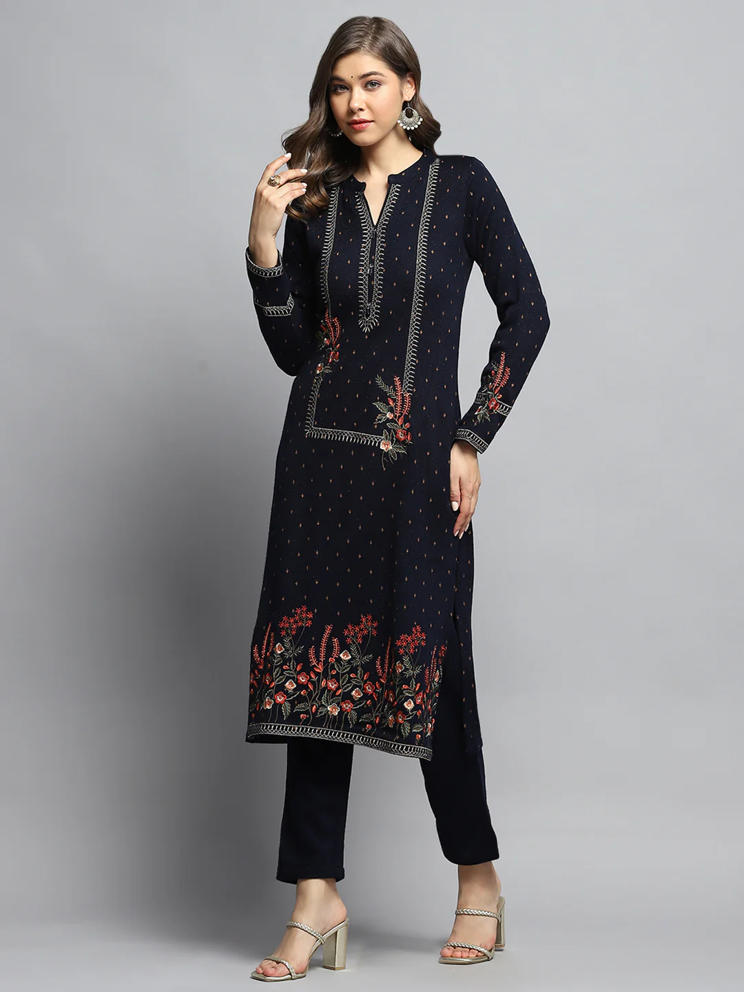 Women Navy Blue Self Design Round Neck Full Sleeve Kurti Set - Image 4