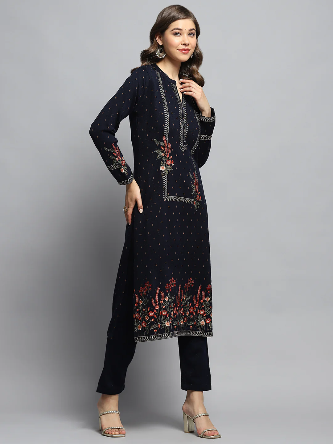 Women Navy Blue Self Design Round Neck Full Sleeve Kurti Set - Image 5