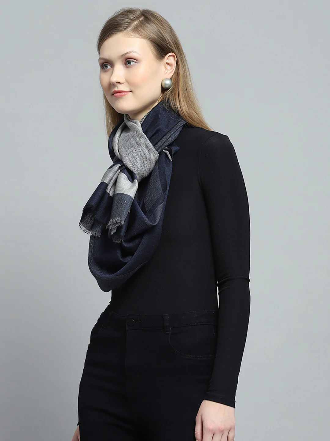 Women Navy Blue Self Design Stole - Image 3