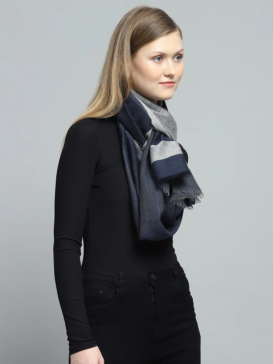 Women Navy Blue Self Design Stole - Image 4