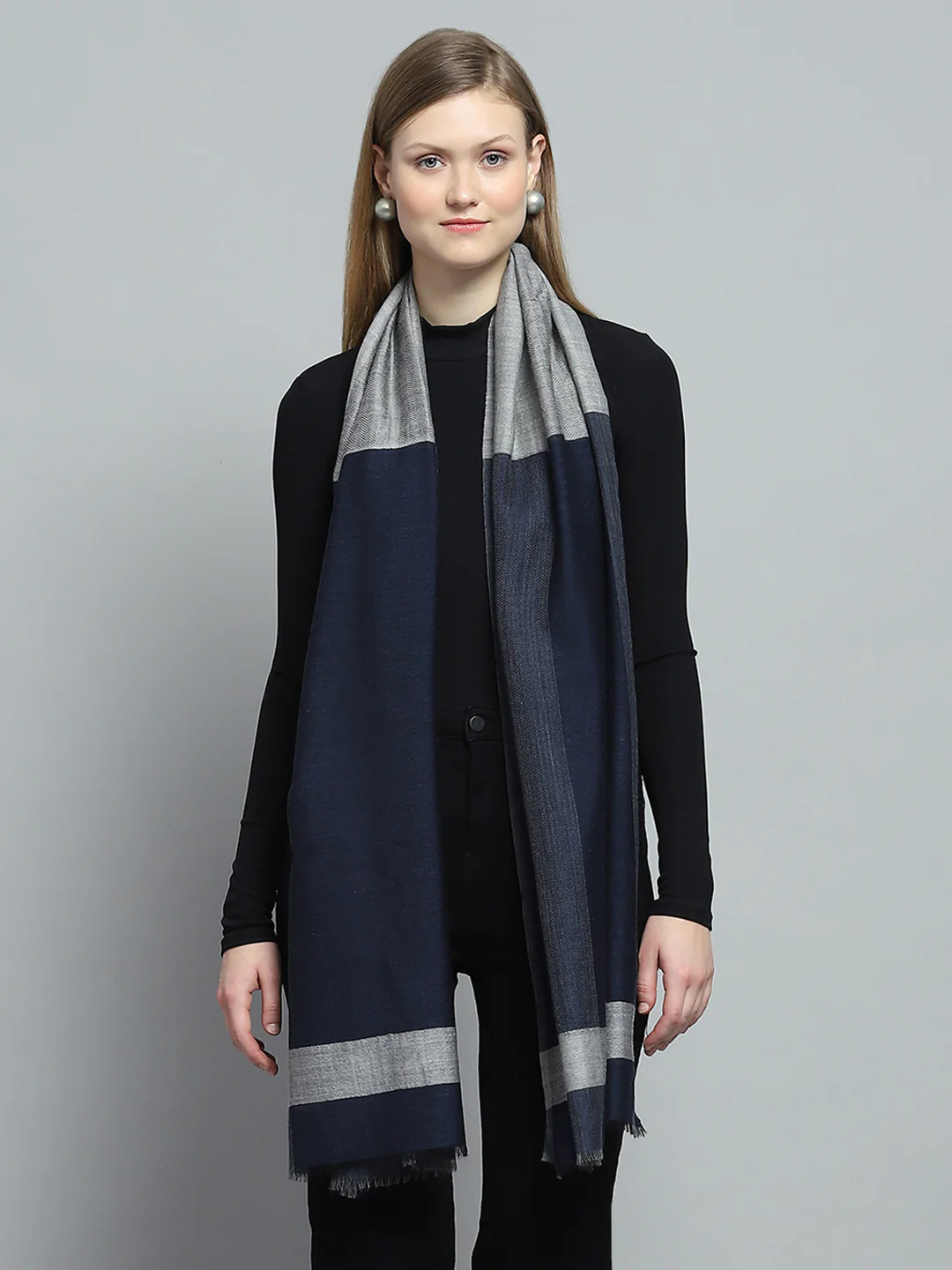 Women Navy Blue Self Design Stole - Image 5