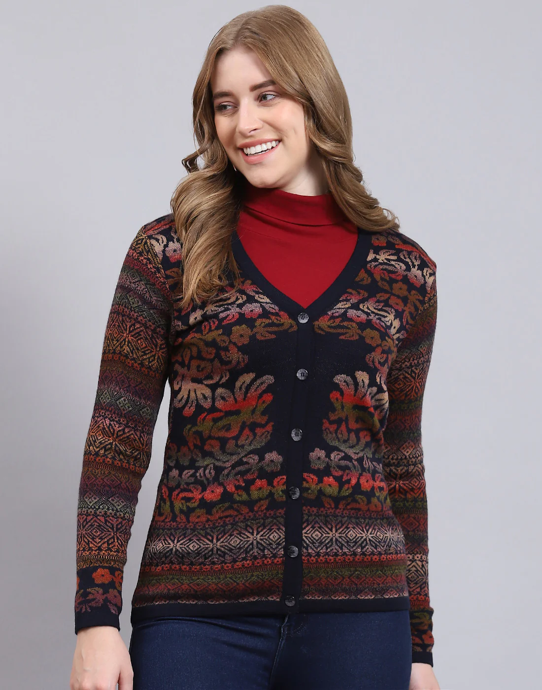 Women Navy Blue Self Design V Neck Full Sleeve Cardigan - Image 3