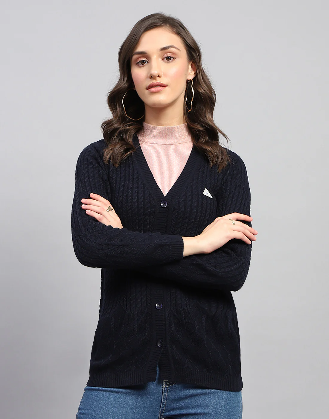Women Navy Blue Self Design V Neck Full Sleeve Cardigan - Image 2