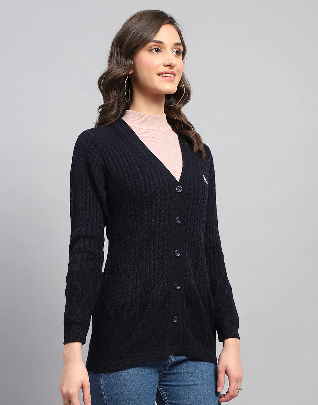 Women Navy Blue Self Design V Neck Full Sleeve Cardigan - Image 4