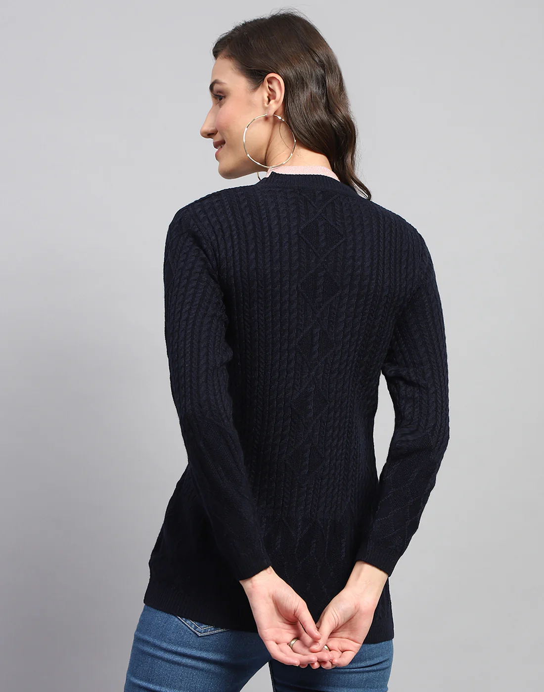 Women Navy Blue Self Design V Neck Full Sleeve Cardigan - Image 5