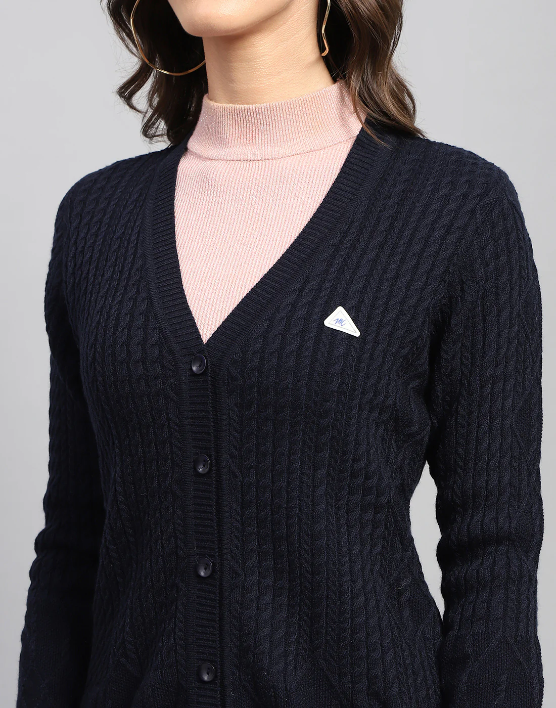 Women Navy Blue Self Design V Neck Full Sleeve Cardigan - Image 6
