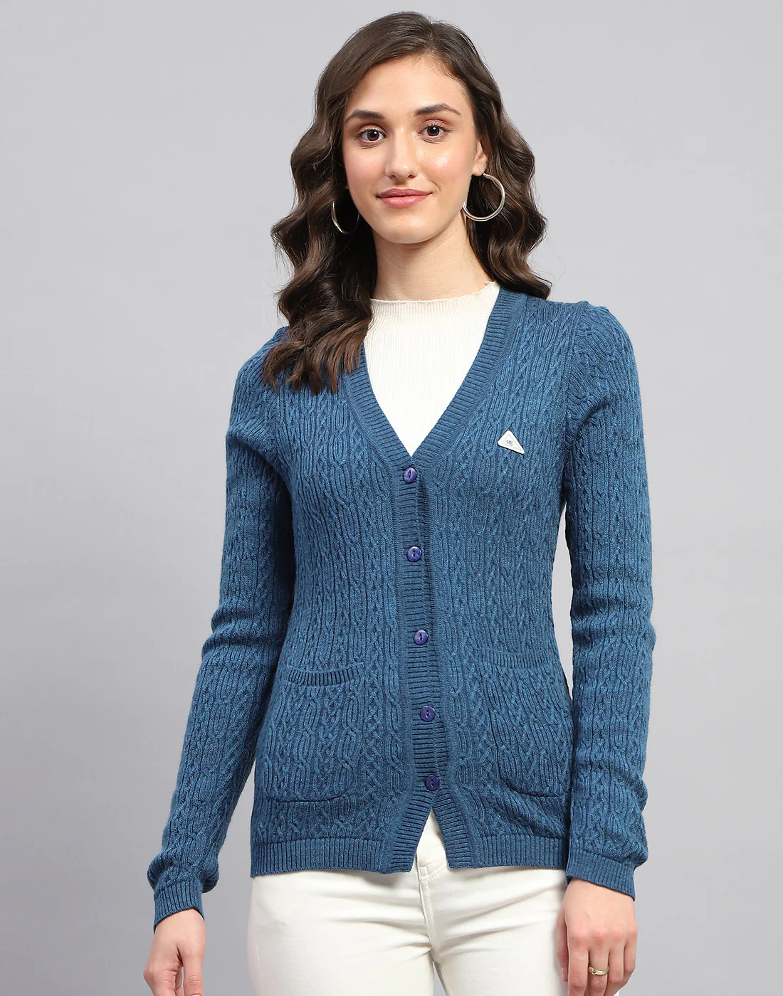 Women Navy Blue Self Design V Neck Full Sleeve Cardigan - Image 2