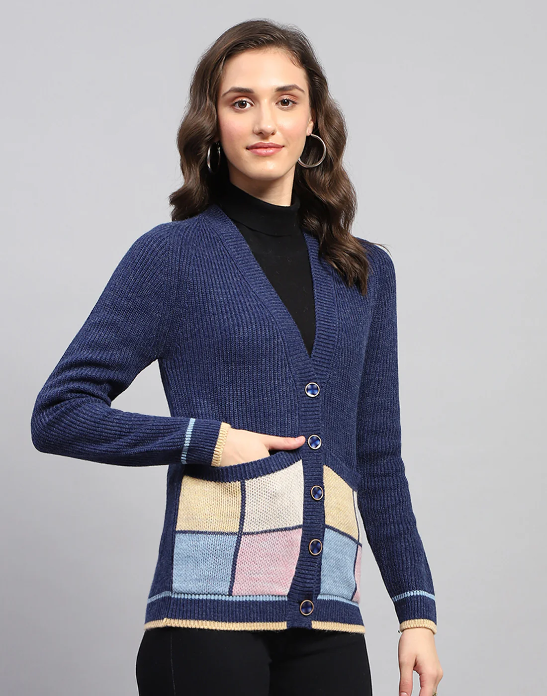 Women Navy Blue Self Design V Neck Full Sleeve Cardigan - Image 4