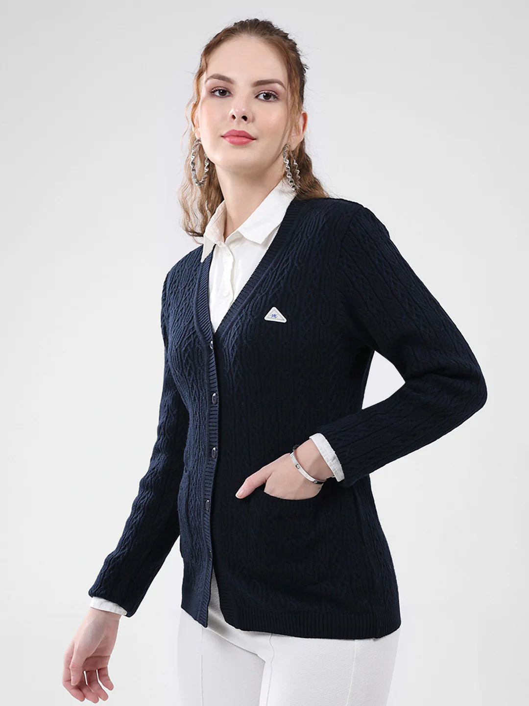 Women Navy Blue Self Design V Neck Full Sleeve Cardigan - Image 3