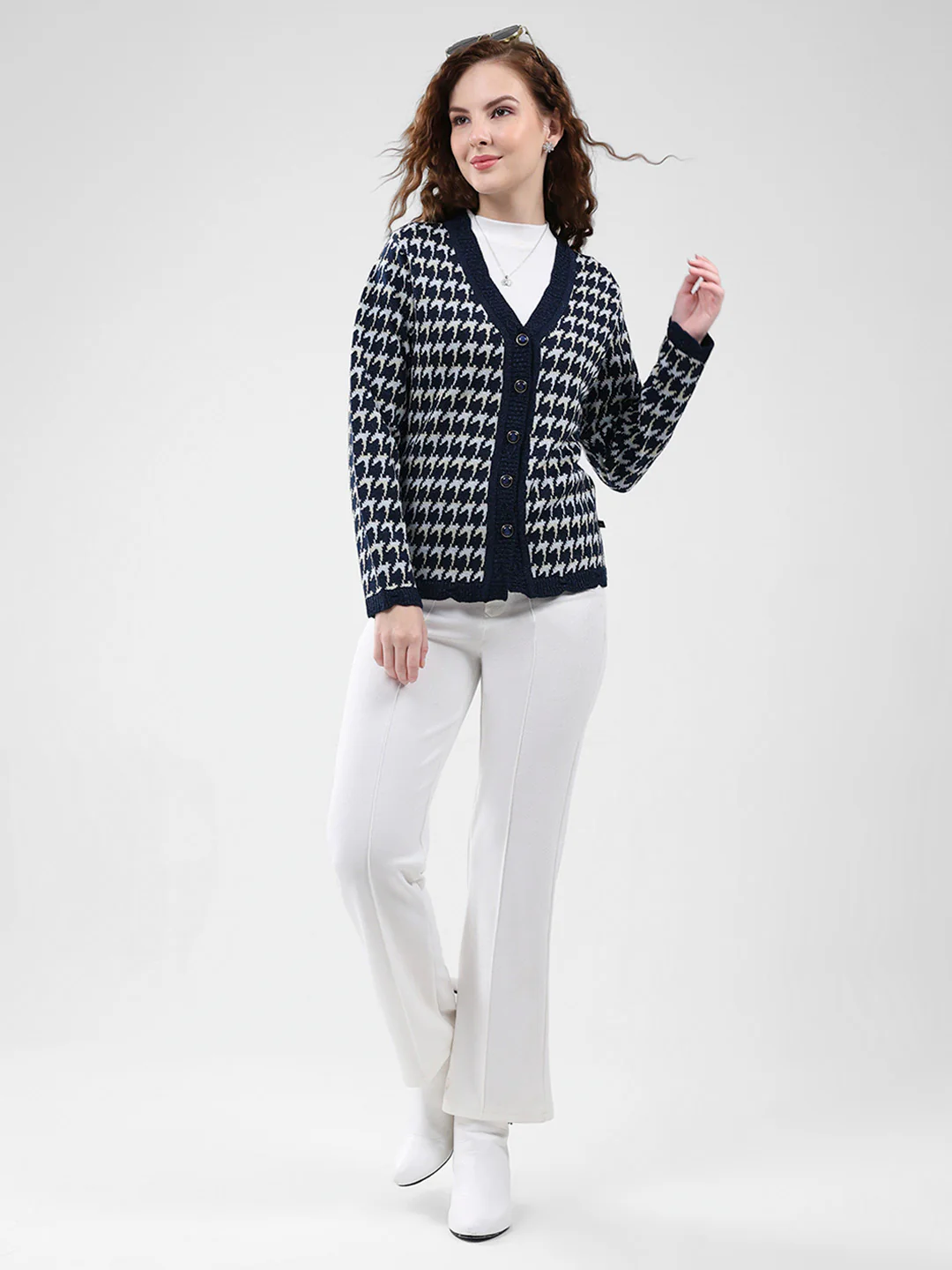 Women Navy Blue Self Design V Neck Full Sleeve Cardigan - Image 2