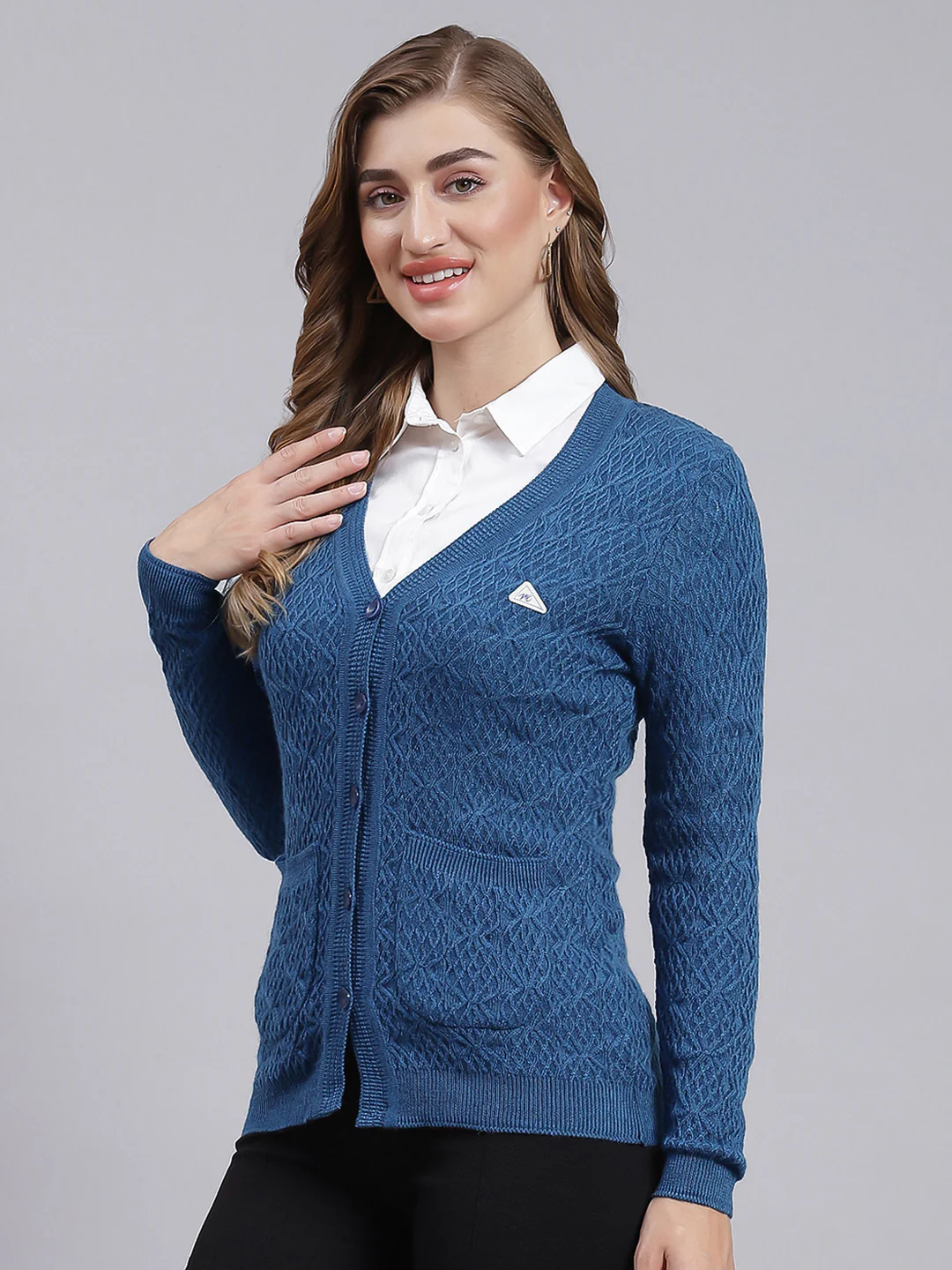 Women Navy Blue Self Design Wool blend Cardigan - Image 3
