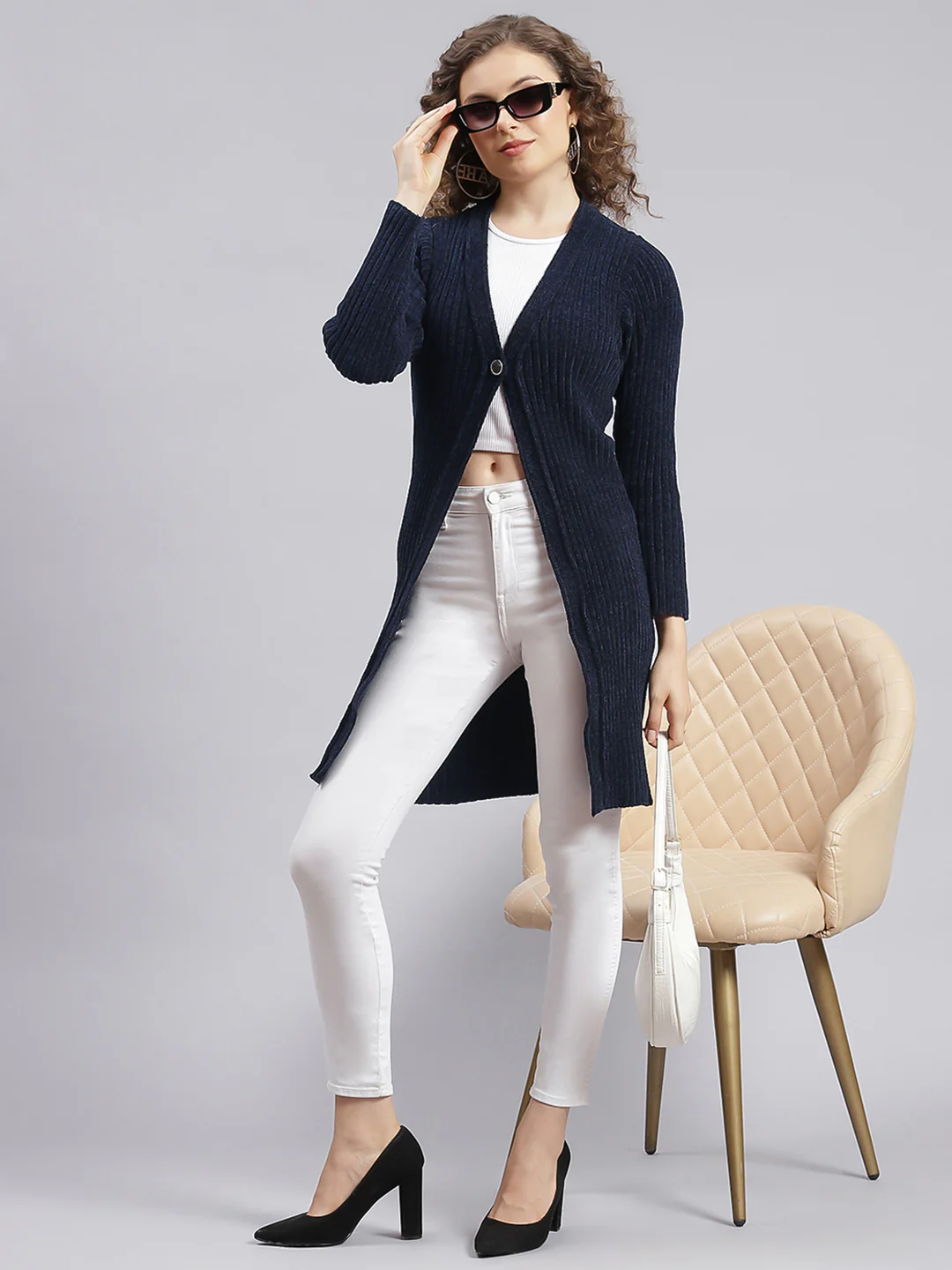 Women Navy Blue Self Design Wool blend Cardigan - Image 2