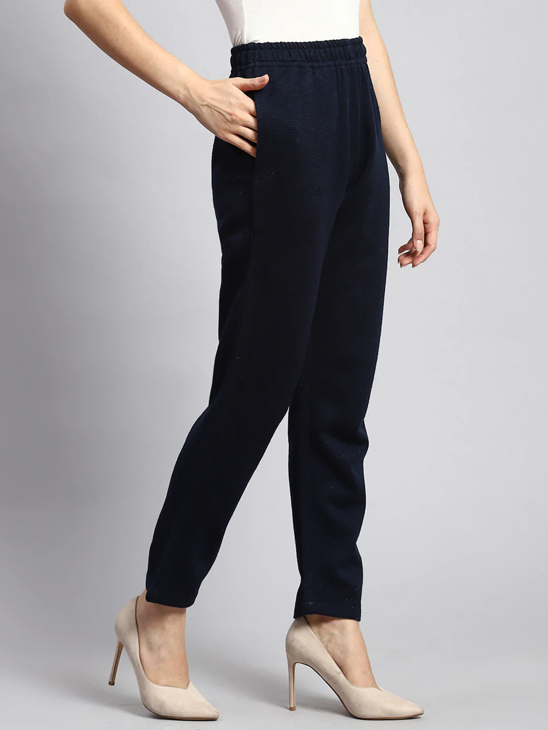 Women Navy Blue Self Winter Lower - Image 3