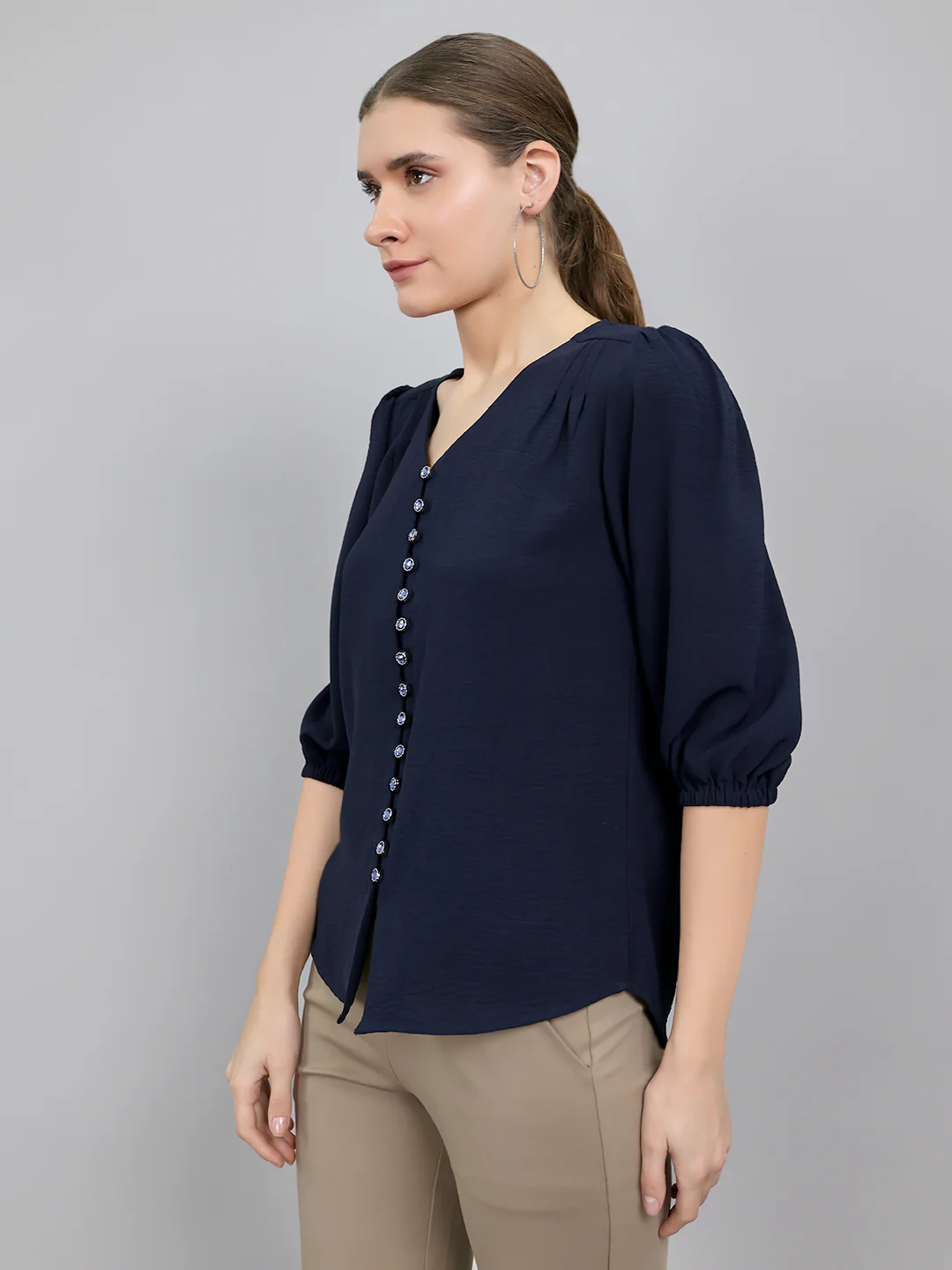 Women Navy Blue Solid Collar 3/4th Sleeve Top - Image 2
