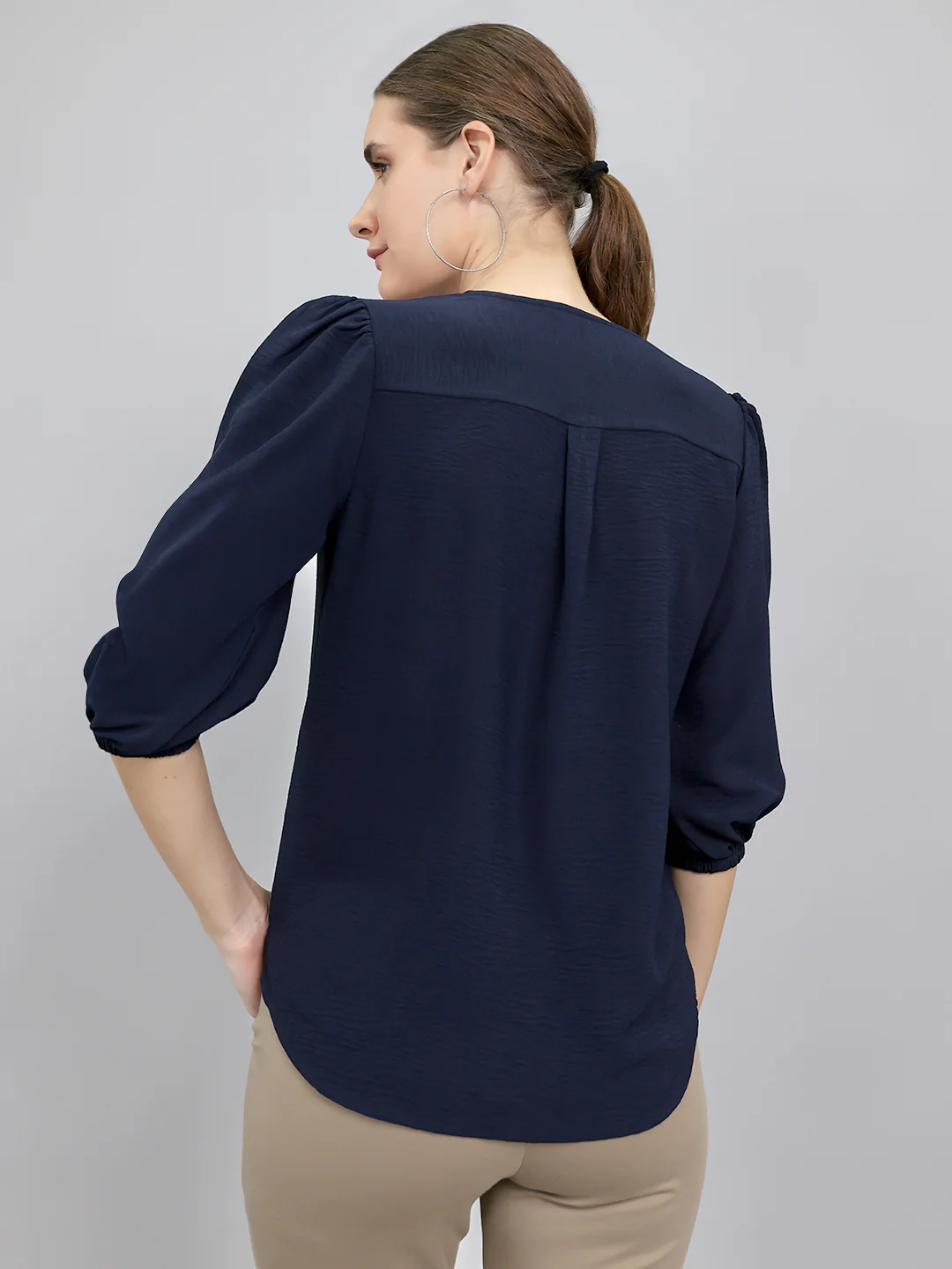 Women Navy Blue Solid Collar 3/4th Sleeve Top - Image 4