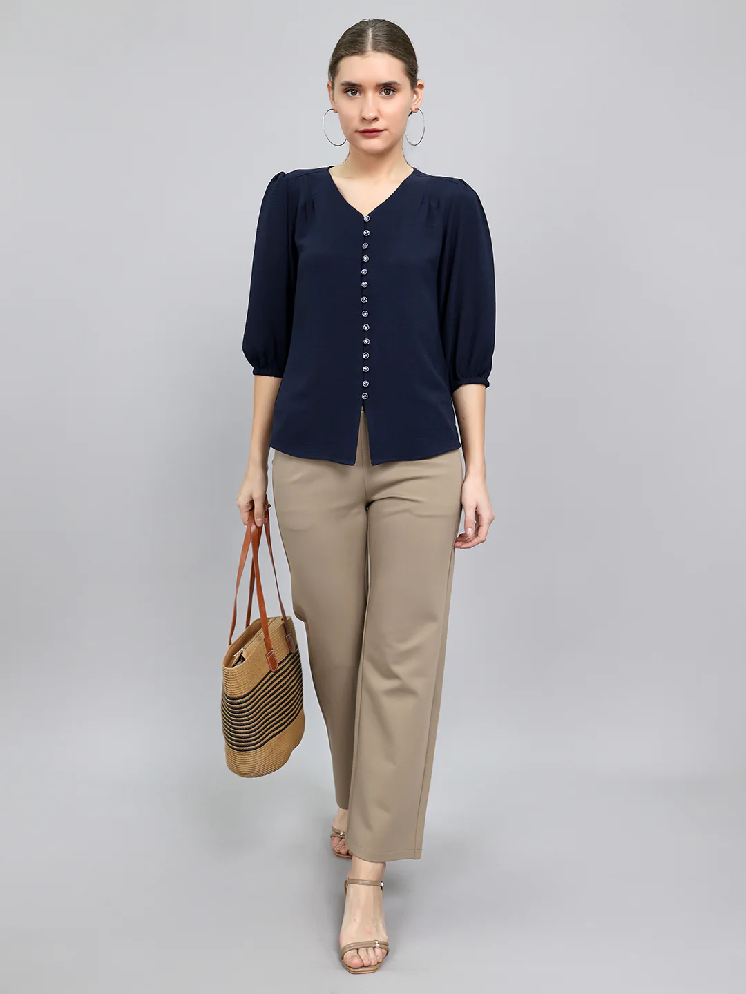 Women Navy Blue Solid Collar 3/4th Sleeve Top - Image 6