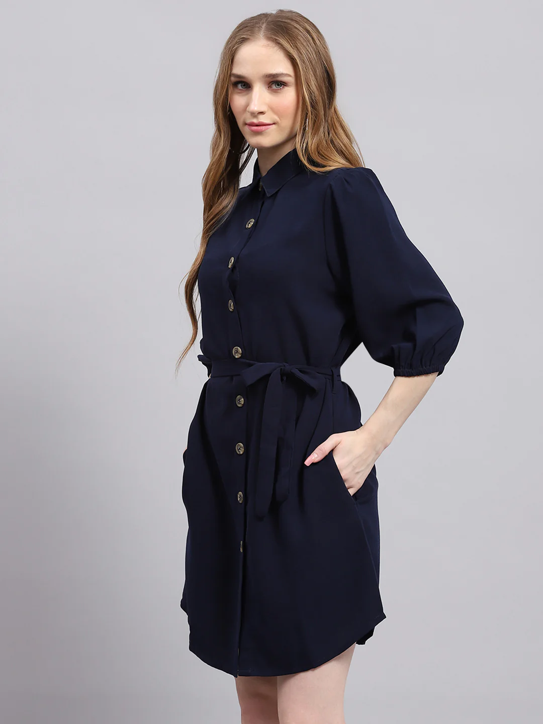 Women Navy Blue Solid Collar 3/4th Sleeve Dress - Image 3
