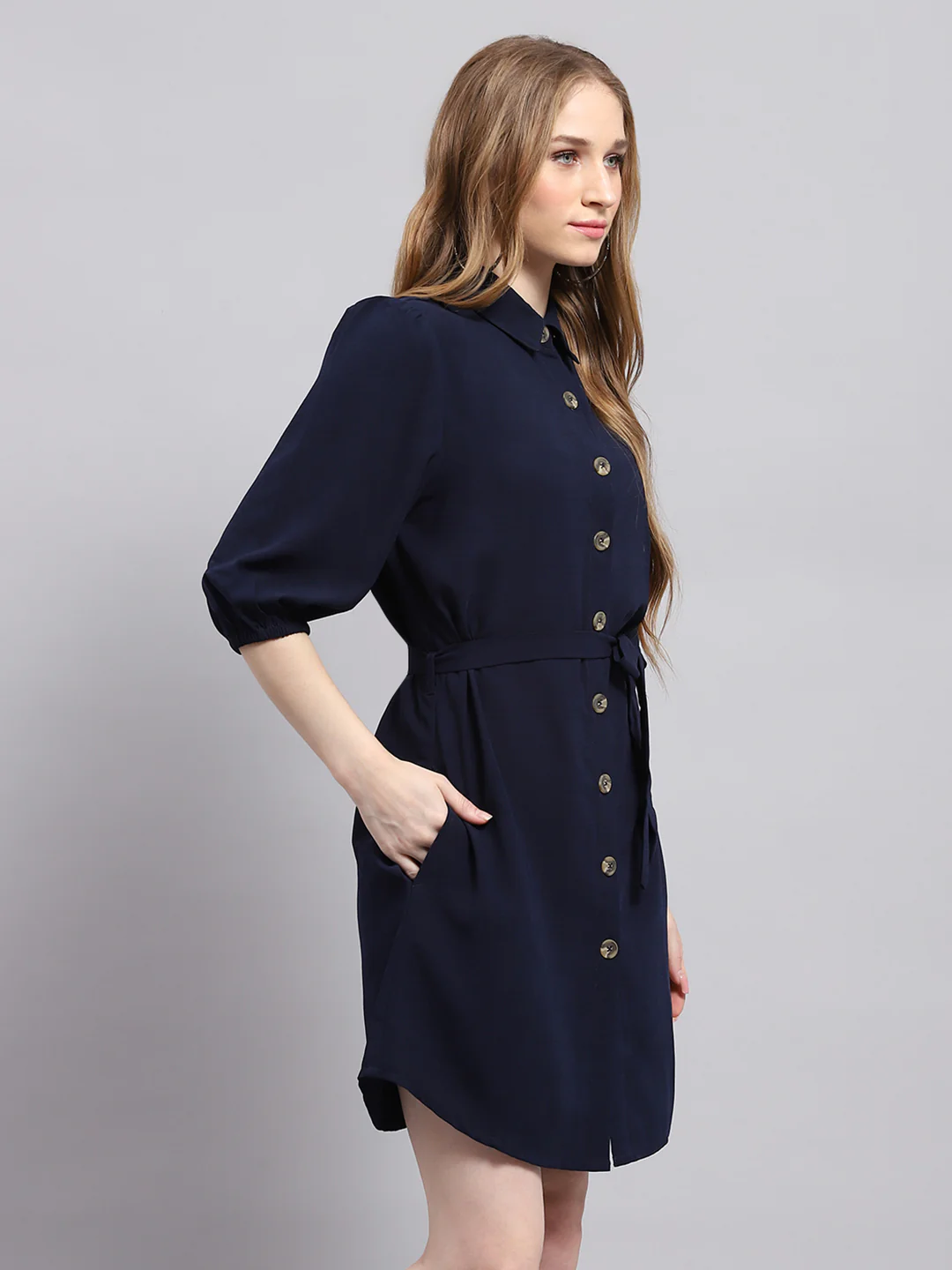 Women Navy Blue Solid Collar 3/4th Sleeve Dress - Image 4