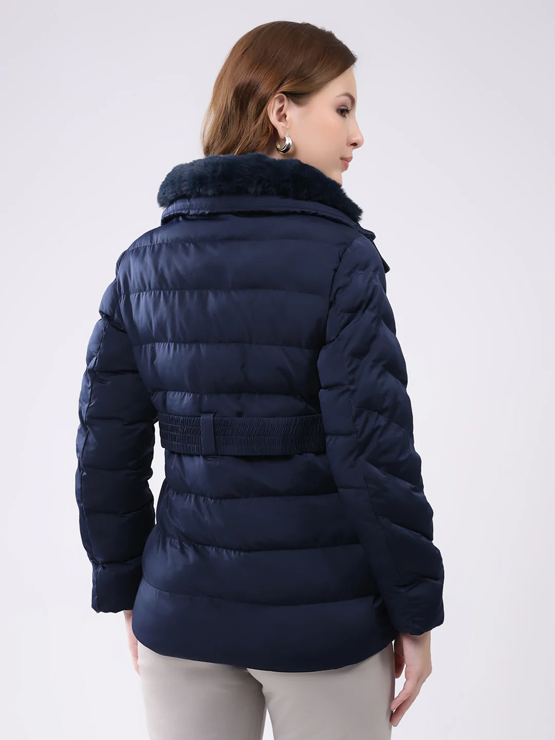 Women Navy Blue Solid Collar Full Sleeve Jacket - Image 5