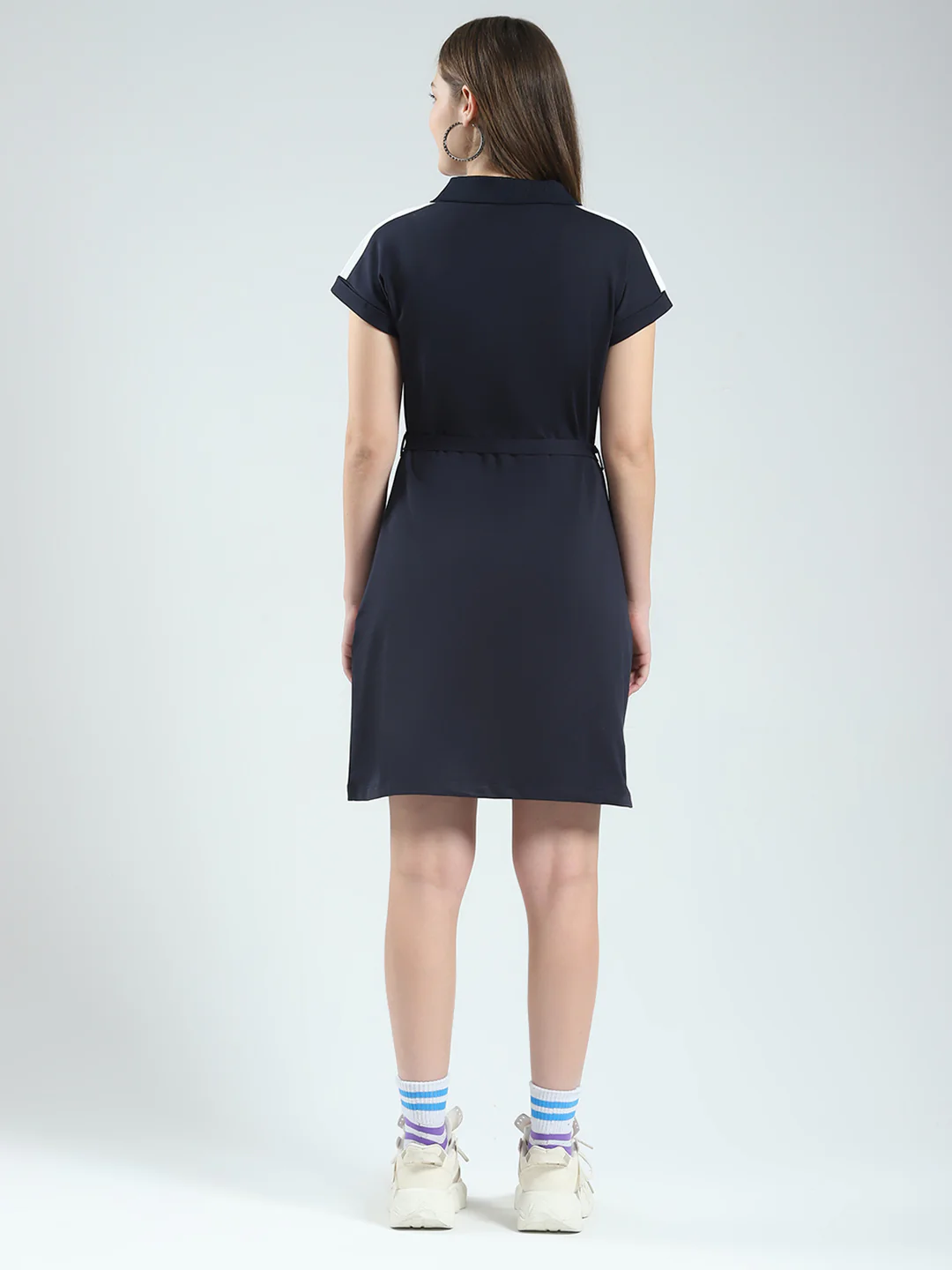 Women Navy Blue Solid Collar Half Sleeve Dress - Image 5