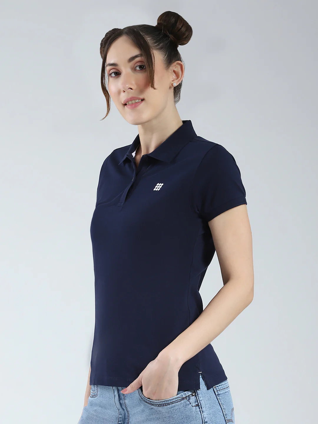 Rock.it Women Navy Blue Solid Collar Half Sleeve T-Shirt - Image 3