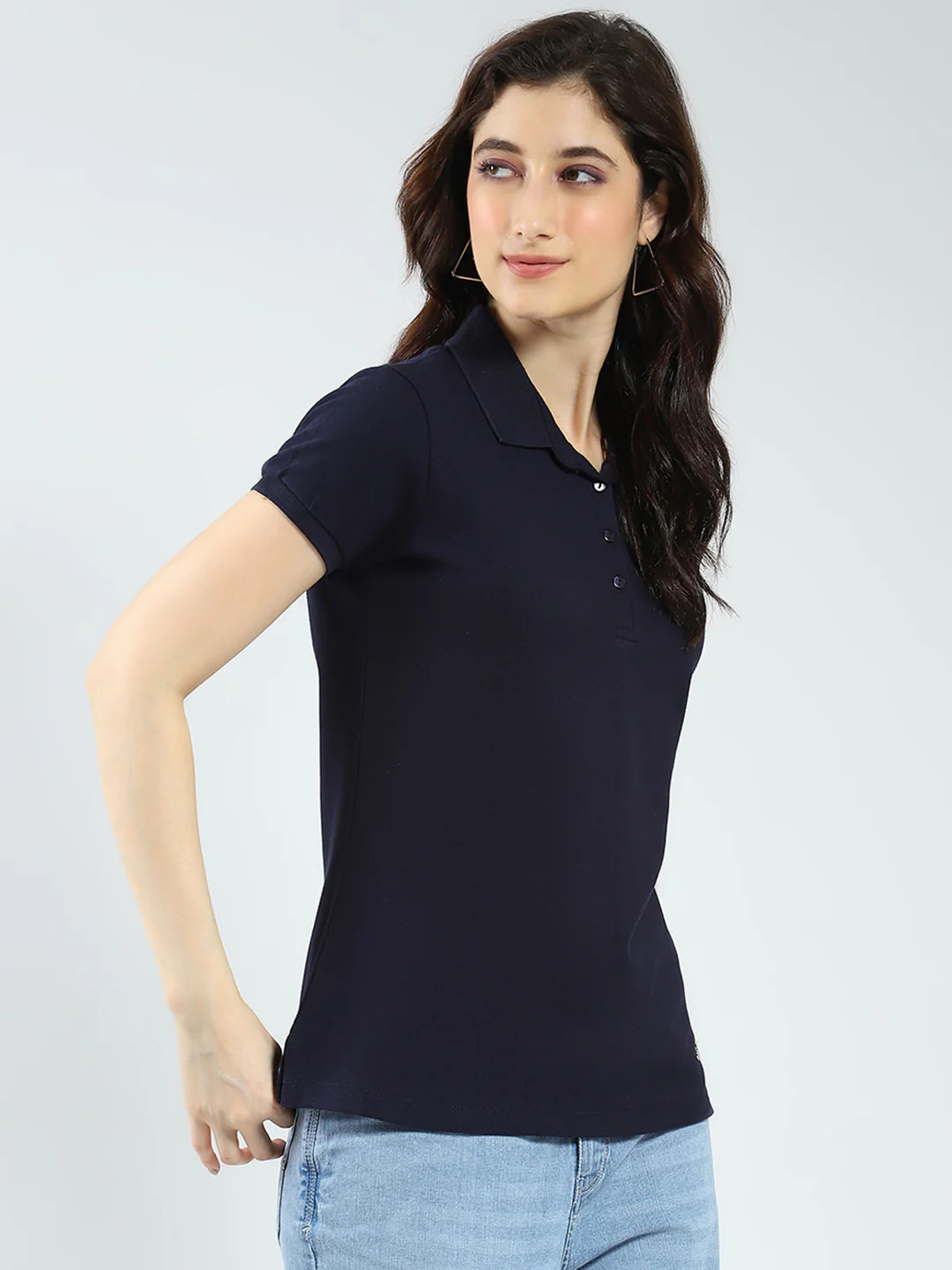 Women Navy Blue Solid Collar Half Sleeve T-Shirt - Image 4