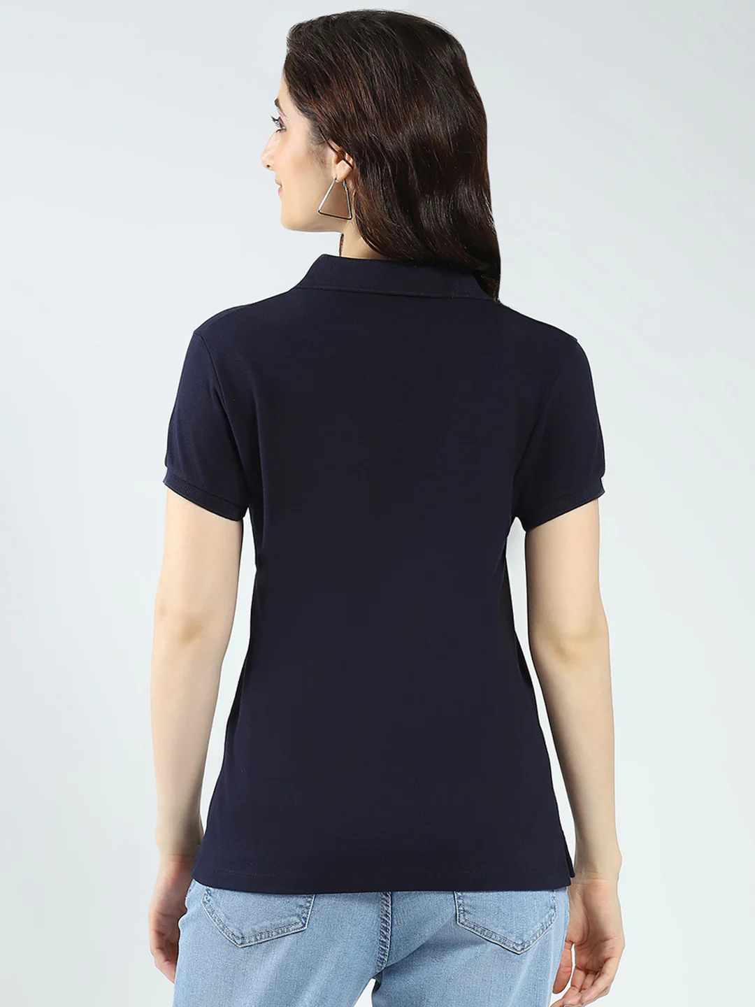 Women Navy Blue Solid Collar Half Sleeve T-Shirt - Image 5