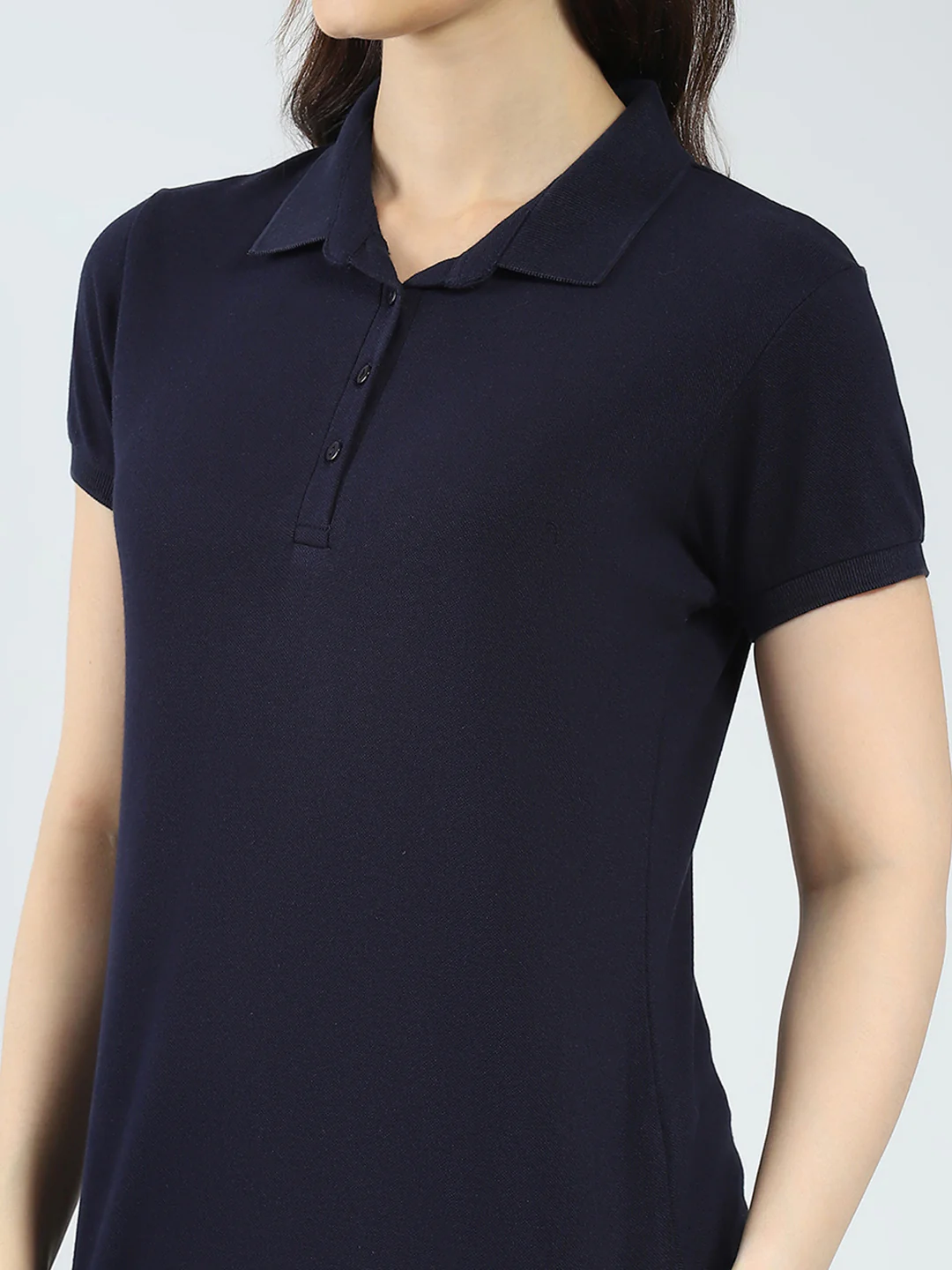 Women Navy Blue Solid Collar Half Sleeve T-Shirt - Image 6
