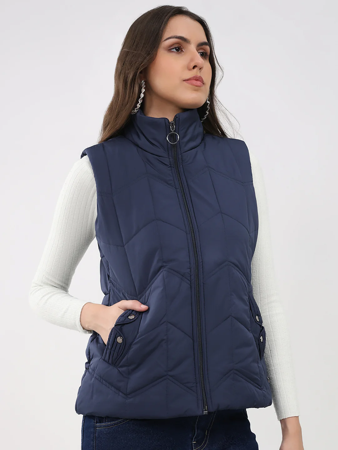 Women Navy Blue Solid Collar Sleeveless Jacket - Image 4