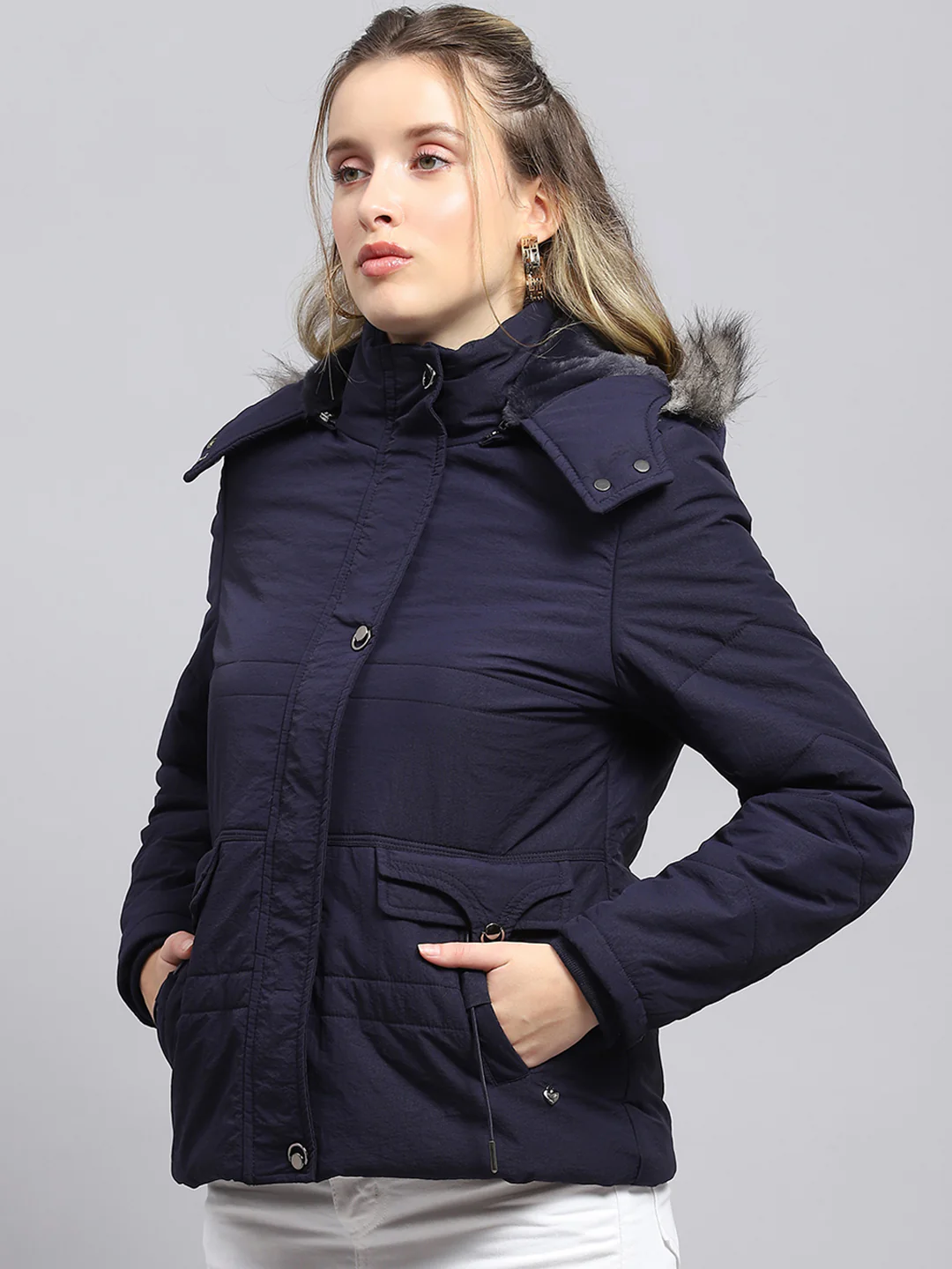 Women Navy Blue Solid Detachable Hood Full Sleeve Jacket - Image 3