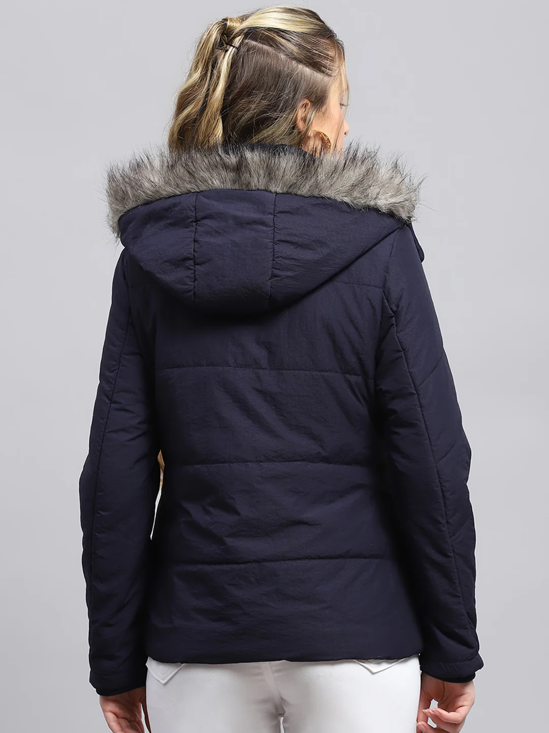 Women Navy Blue Solid Detachable Hood Full Sleeve Jacket - Image 5