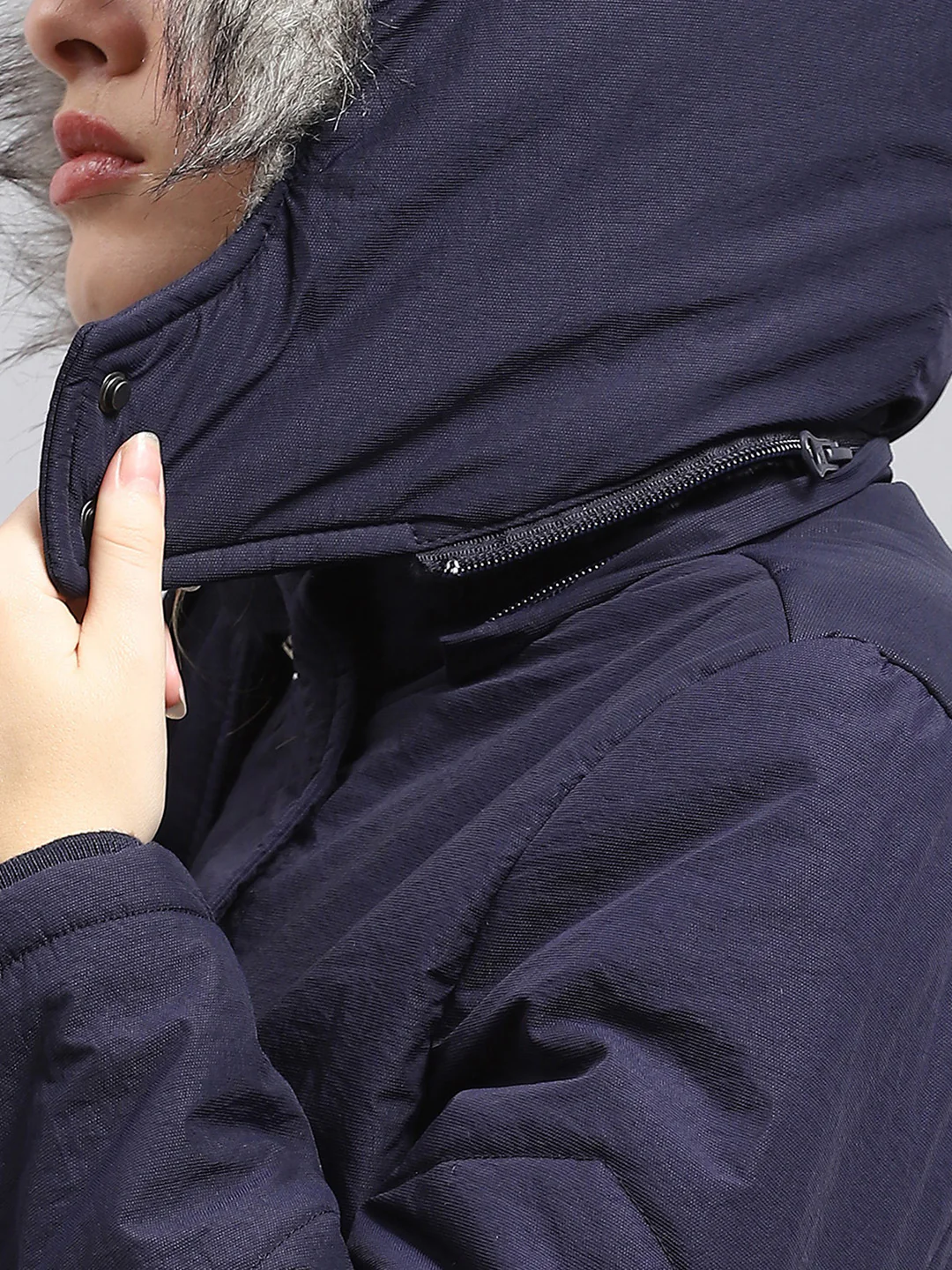 Women Navy Blue Solid Detachable Hood Full Sleeve Jacket - Image 7