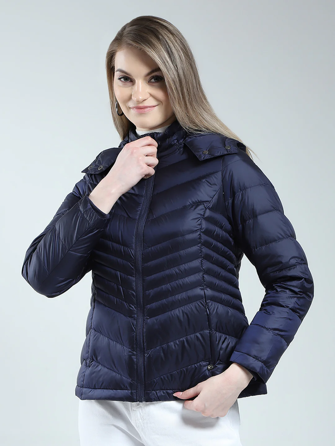 Women Navy Blue Solid Detachable Hood Full Sleeve Jacket - Image 3