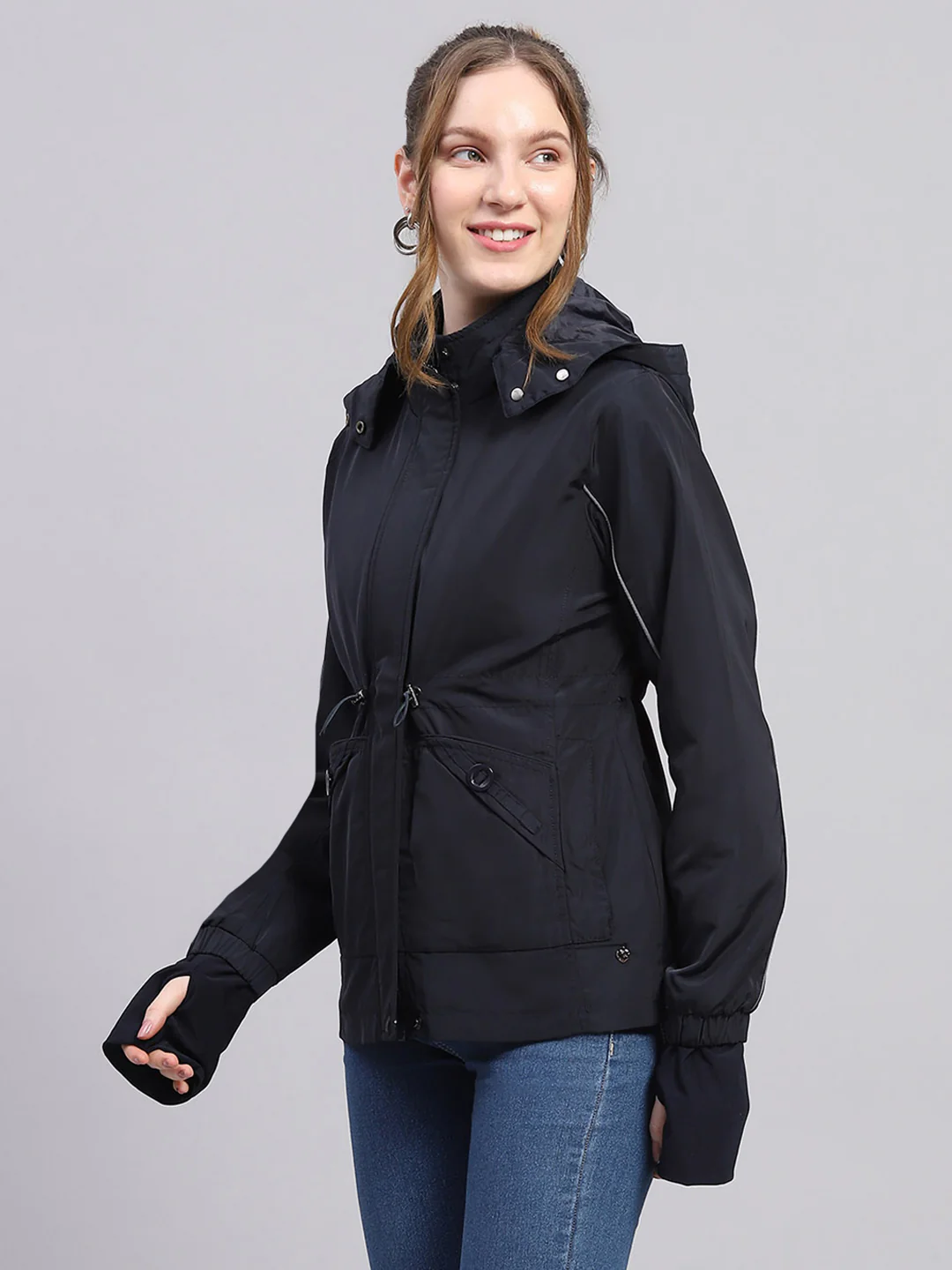 Women Navy Blue Solid Detachable Hood Full Sleeve Jacket - Image 3
