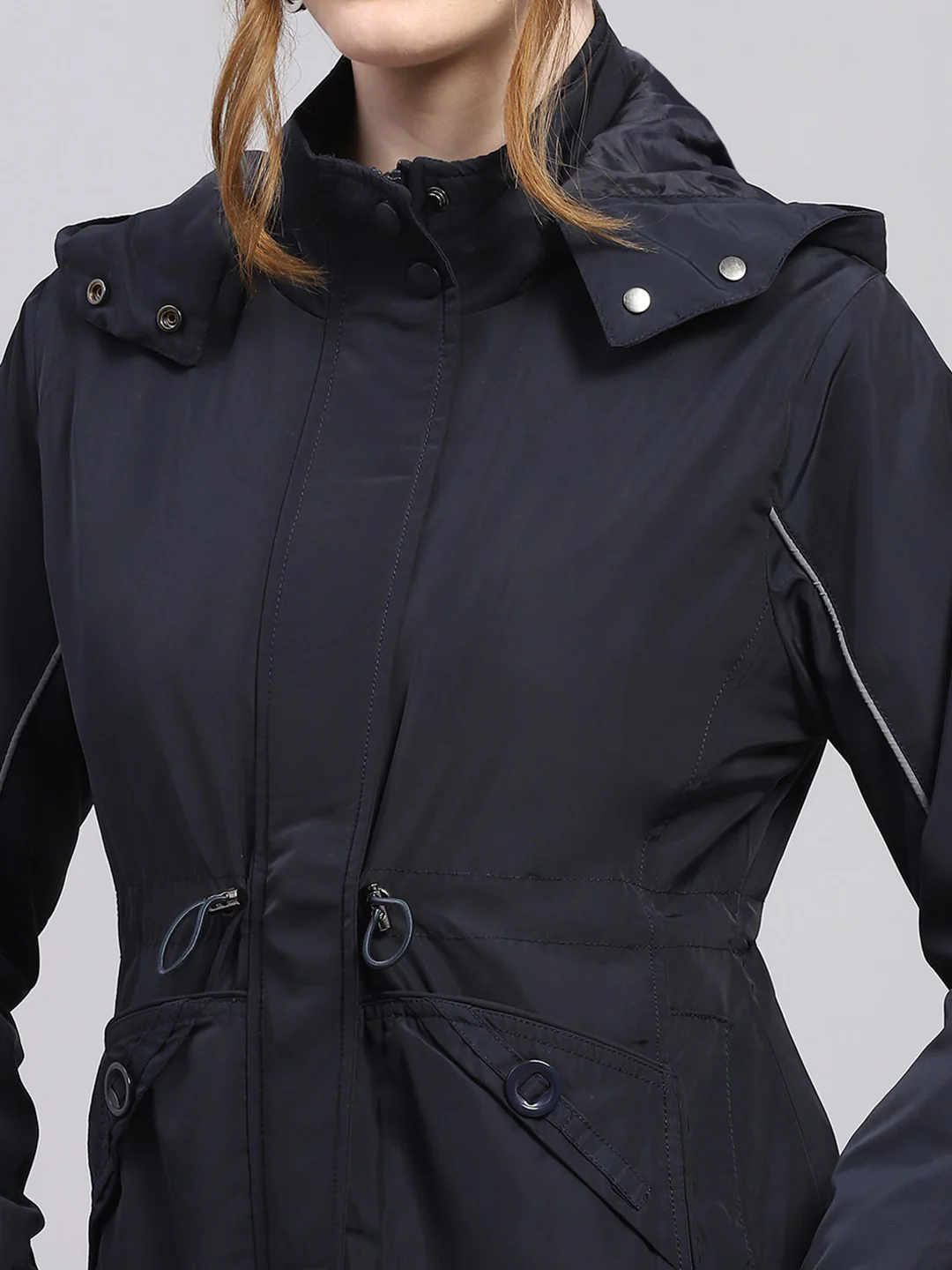 Women Navy Blue Solid Detachable Hood Full Sleeve Jacket - Image 7