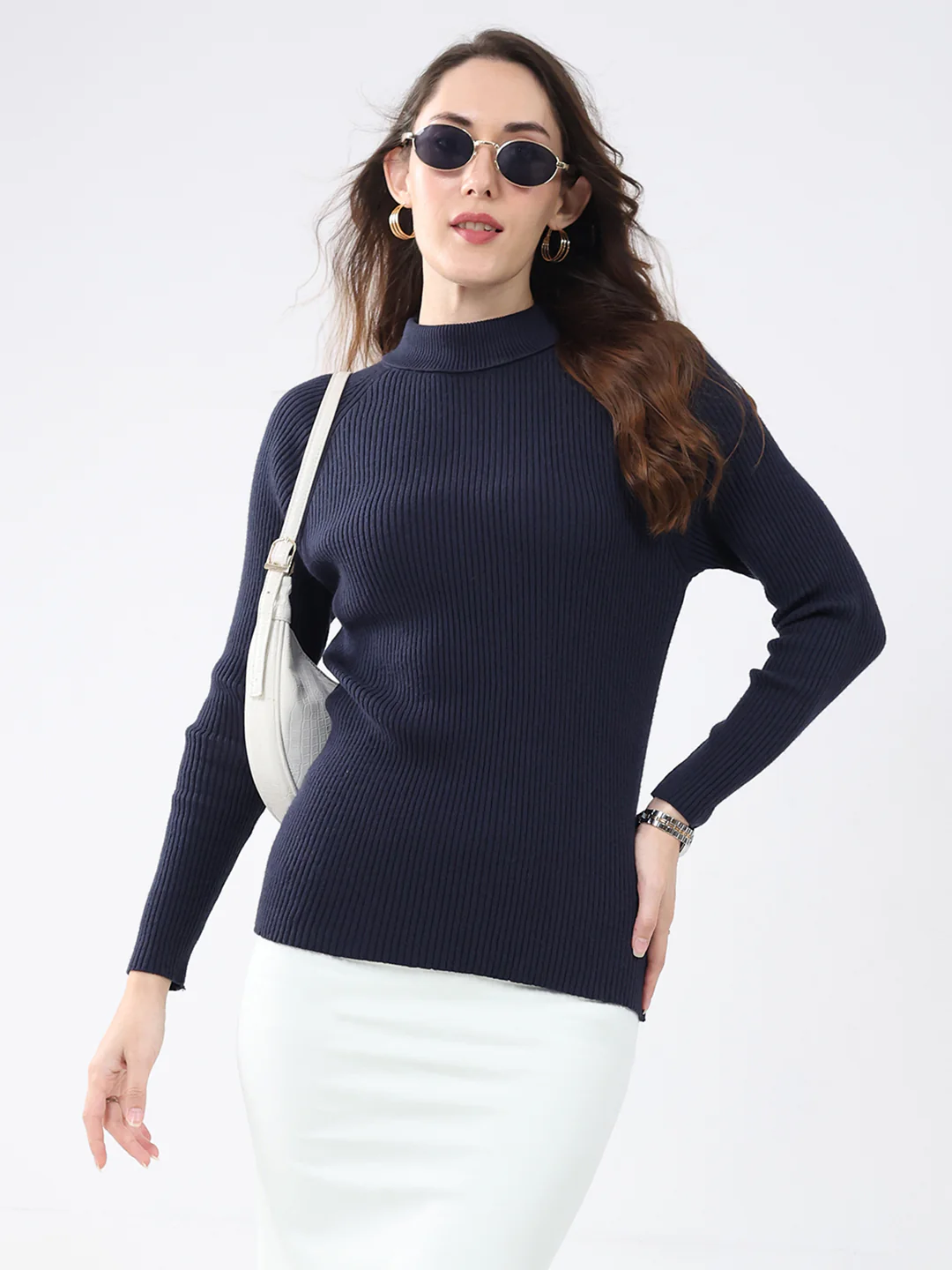 Women Navy Blue Solid High Neck Full Sleeve Sceavy - Image 6