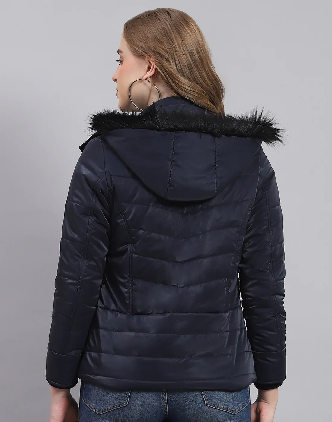 Women Navy Blue Solid Hooded Full Sleeve Jacket - Image 5