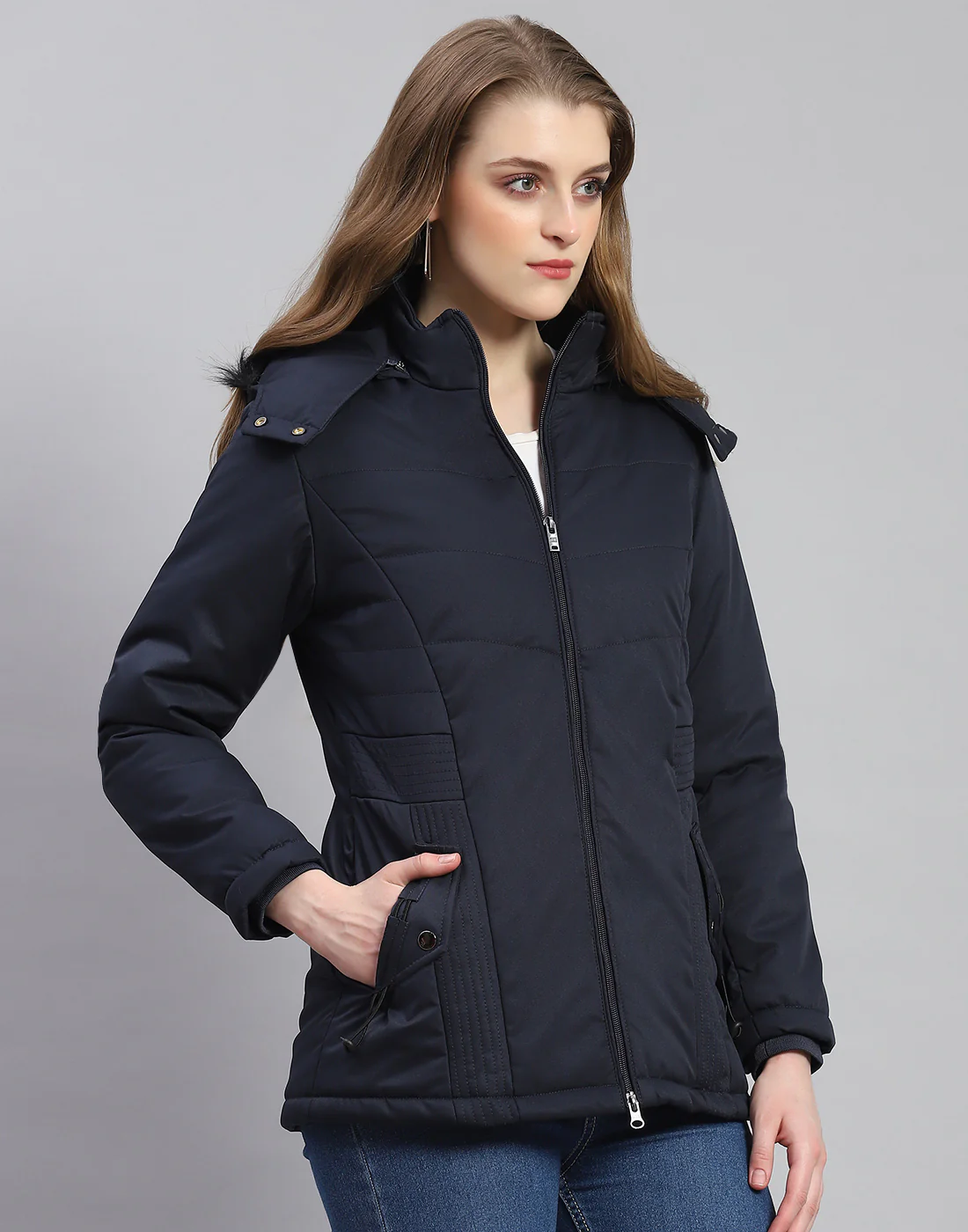 Women Navy Blue Solid Hooded Full Sleeve Jacket - Image 4