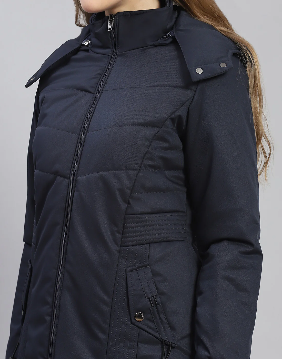 Women Navy Blue Solid Hooded Full Sleeve Jacket - Image 7