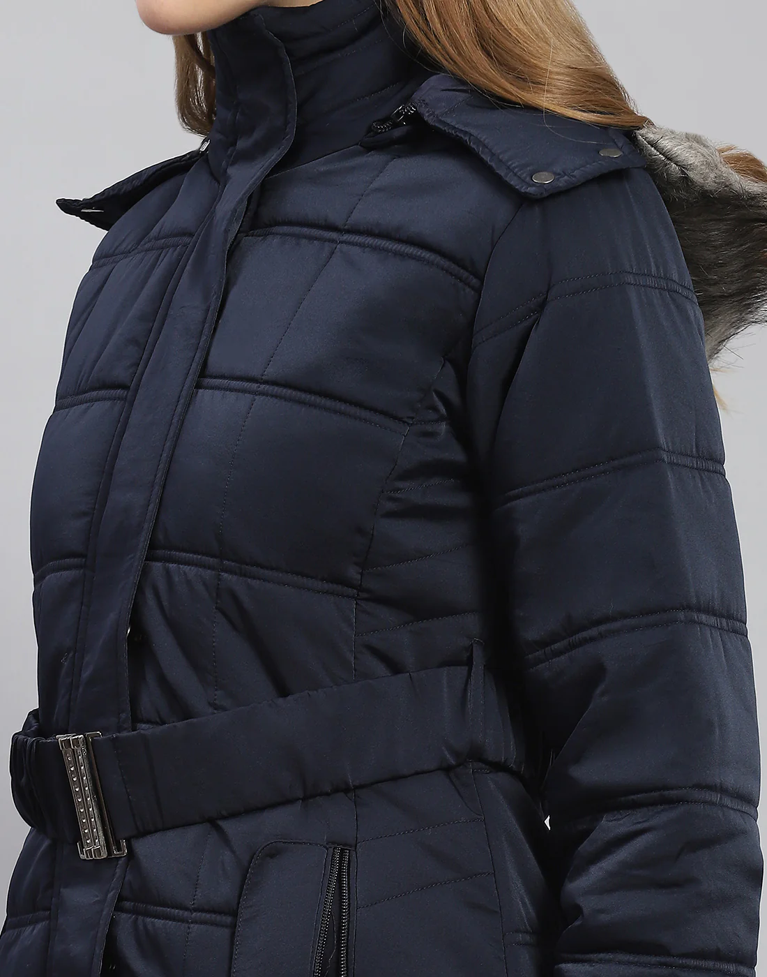Women Navy Blue Solid Hooded Full Sleeve Jacket - Image 8
