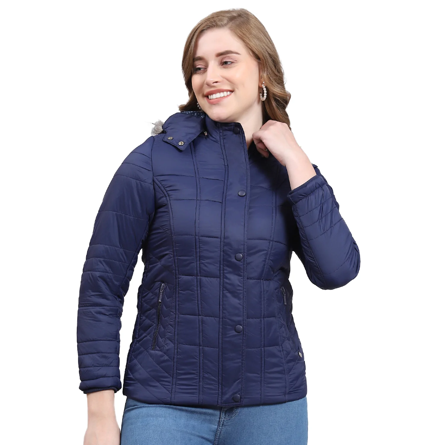Women Navy Blue Solid Hooded Full Sleeve Jacket - Image 5