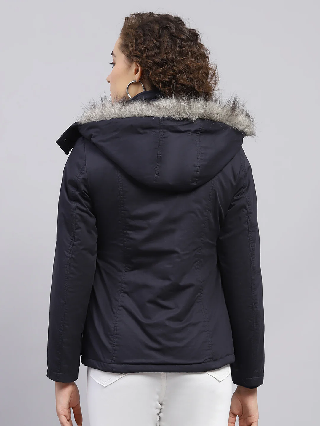 Women Navy Blue Solid Hooded Full Sleeve Jacket - Image 4