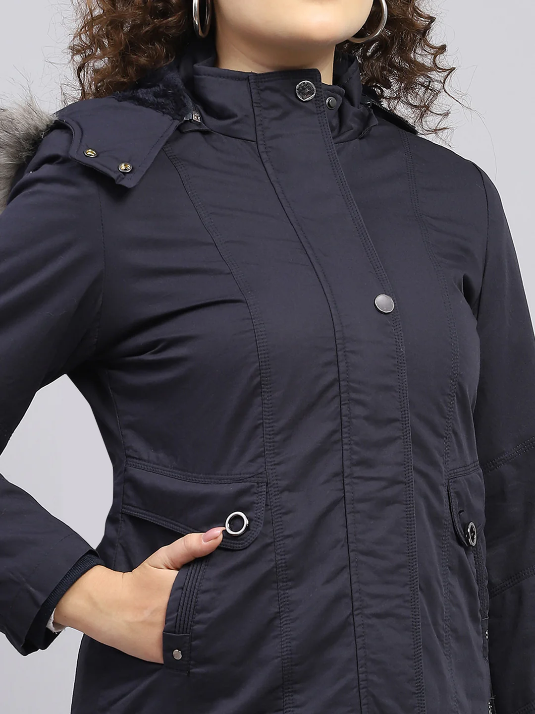 Women Navy Blue Solid Hooded Full Sleeve Jacket - Image 7