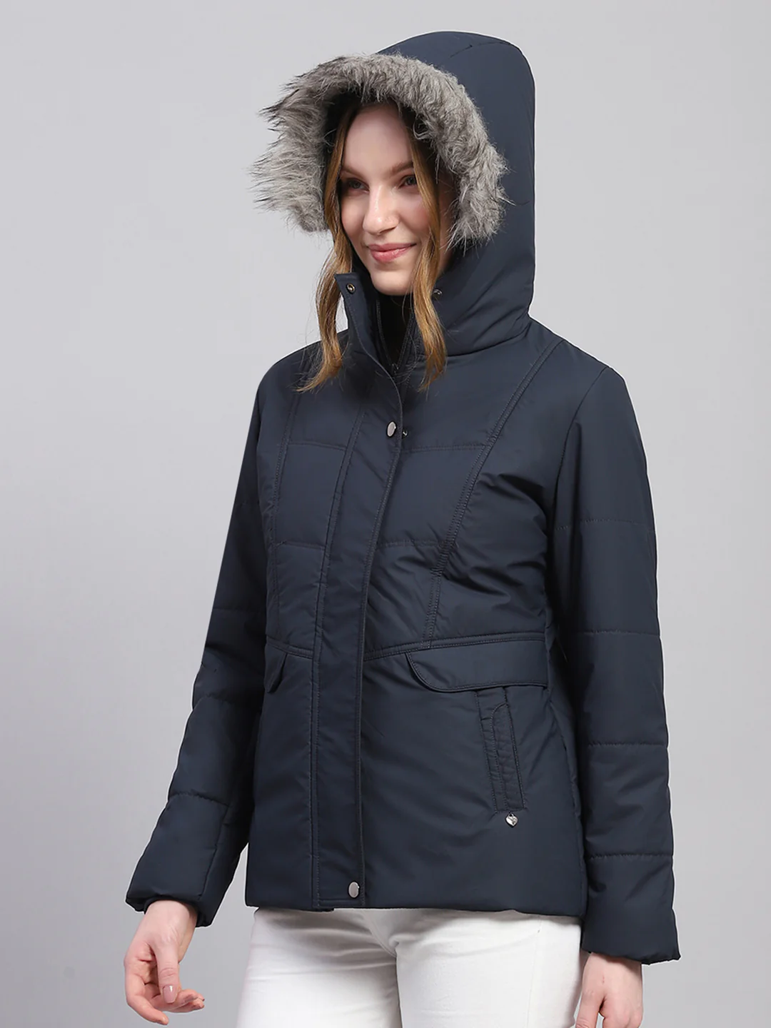 Women Navy Blue Solid Hooded Full Sleeve Jacket - Image 3