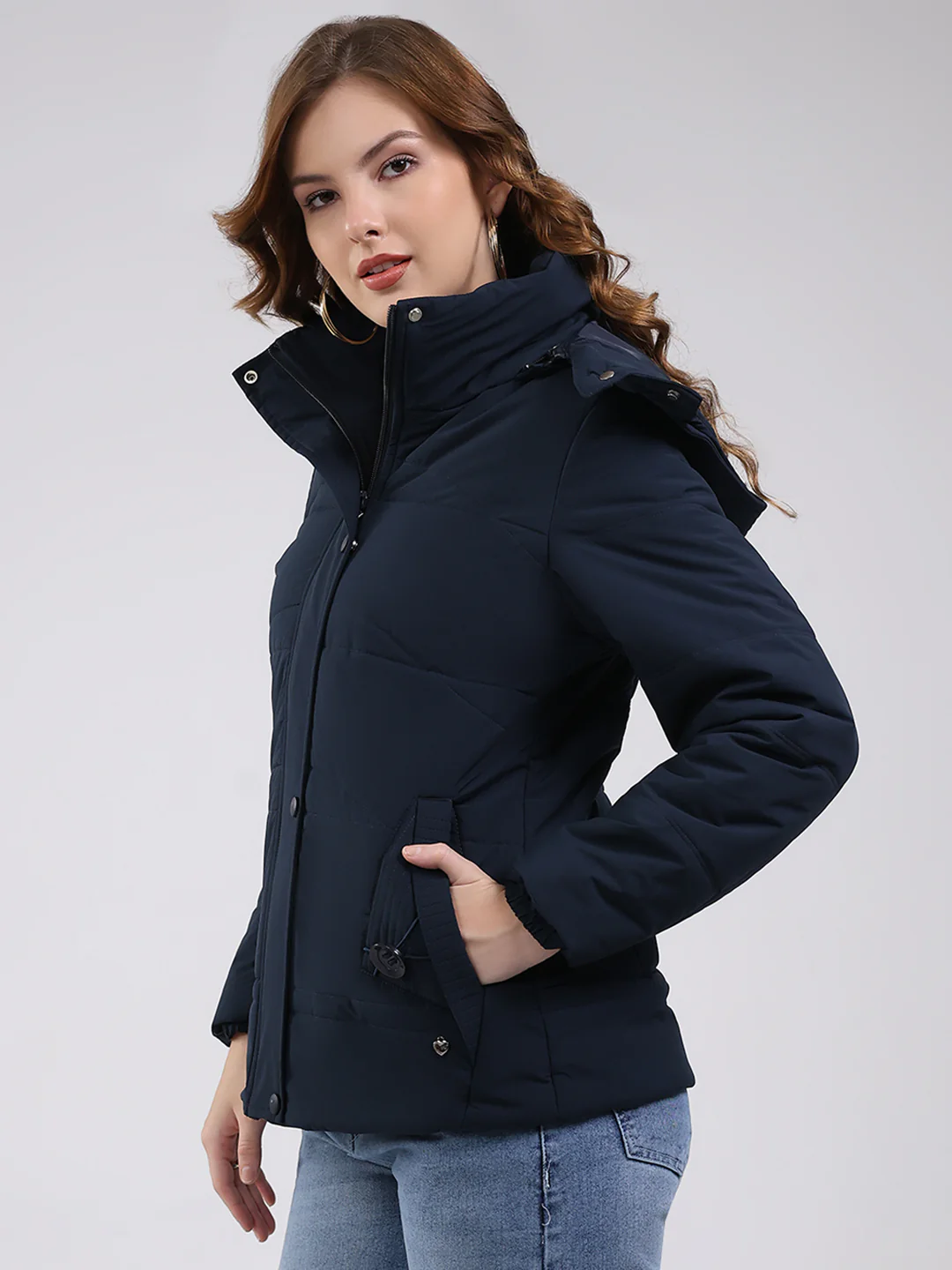 Women Navy Blue Solid Hooded Full Sleeve Jacket - Image 3