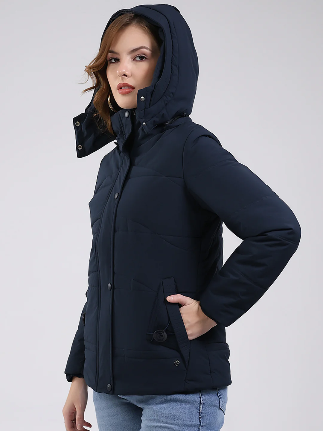 Women Navy Blue Solid Hooded Full Sleeve Jacket - Image 6