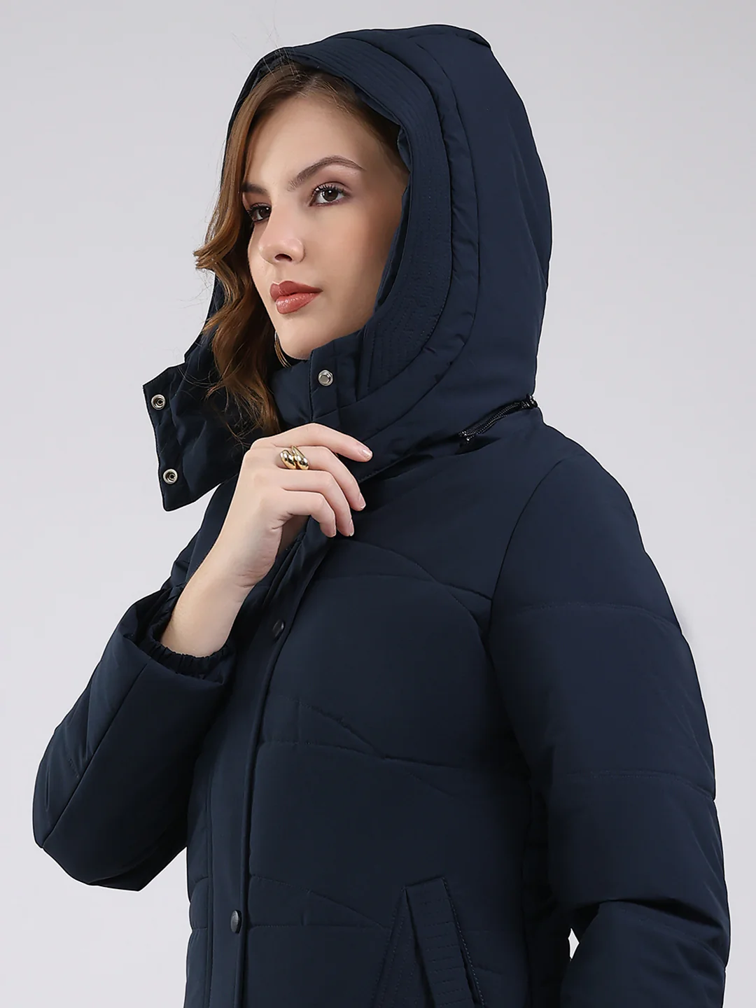 Women Navy Blue Solid Hooded Full Sleeve Jacket - Image 7